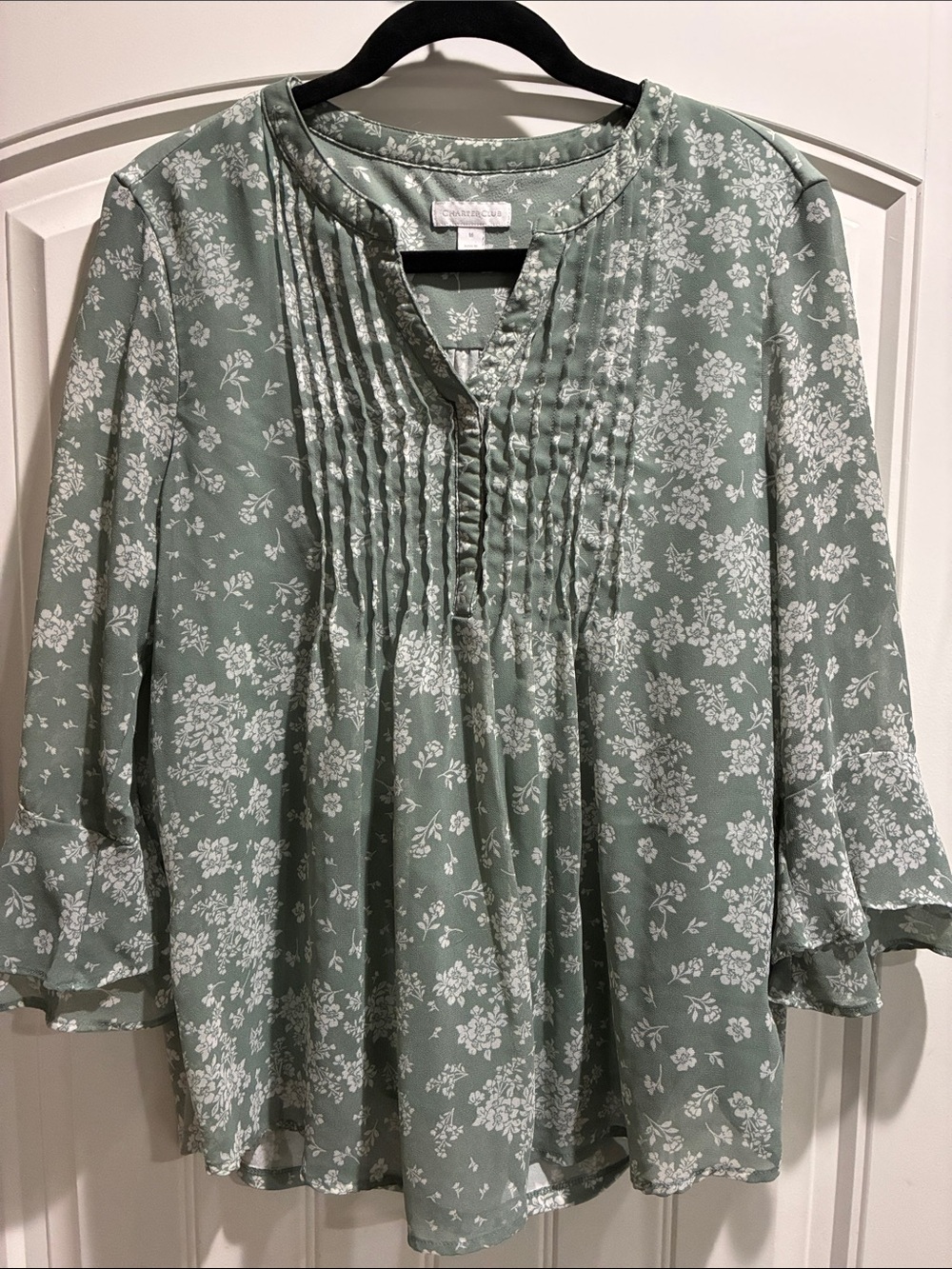 Charter Club Sage Green Floral Pintuck Blouse